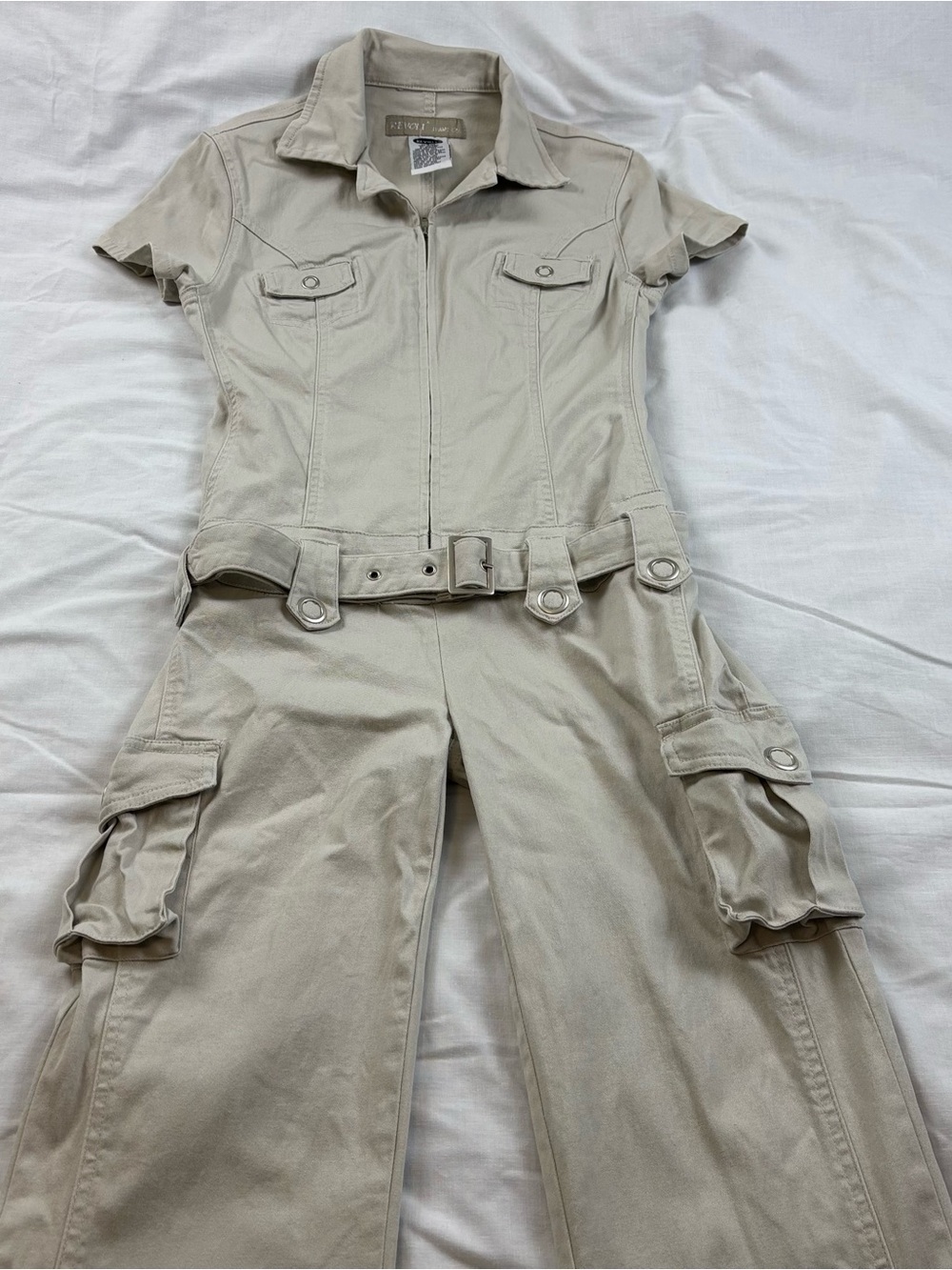 Revolt Jeans Beige Short-Sleeve Cargo Jumpsuit with Belt